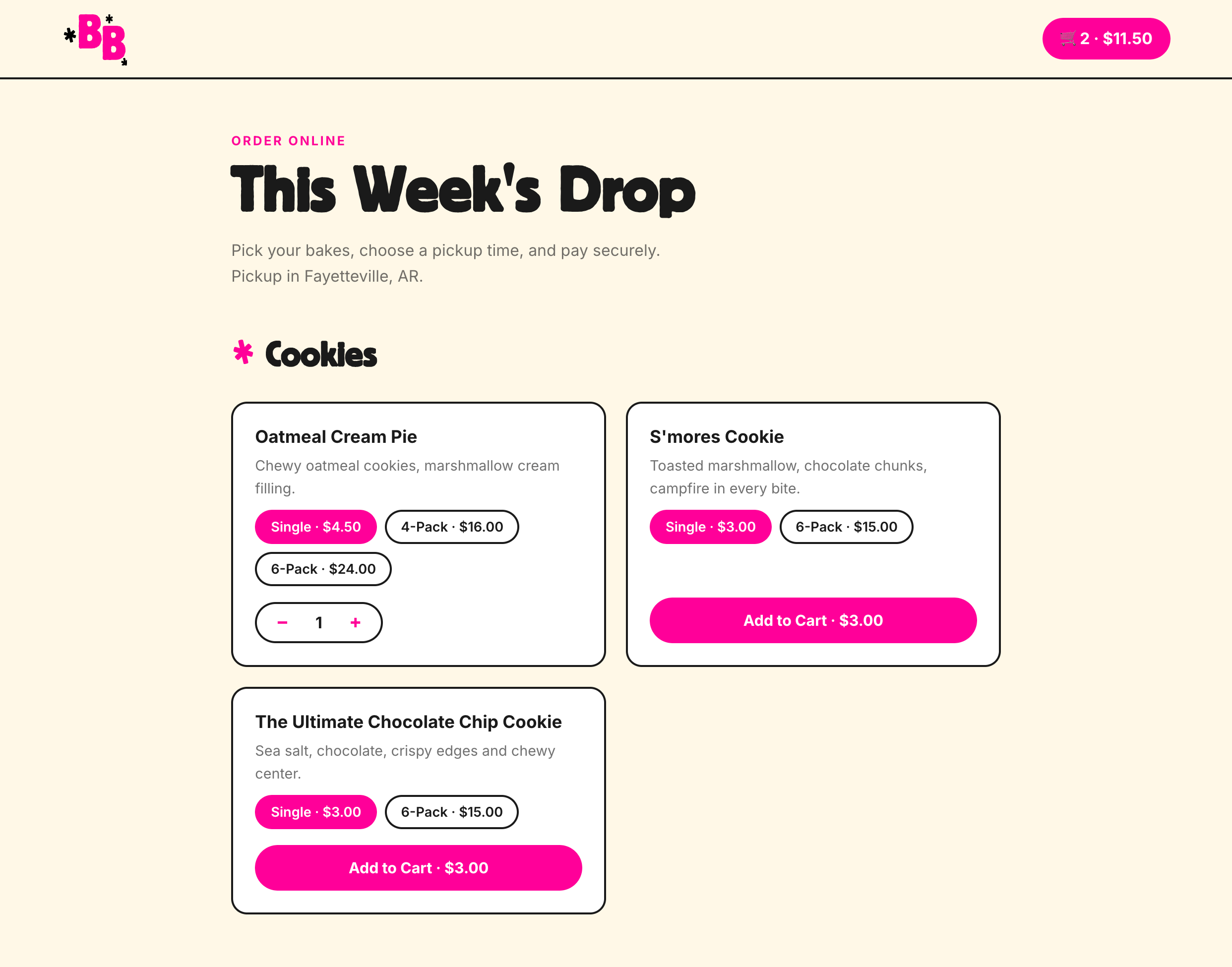 Bad Batch Bakes order page, cream background, white menu cards for the weekly drop.
