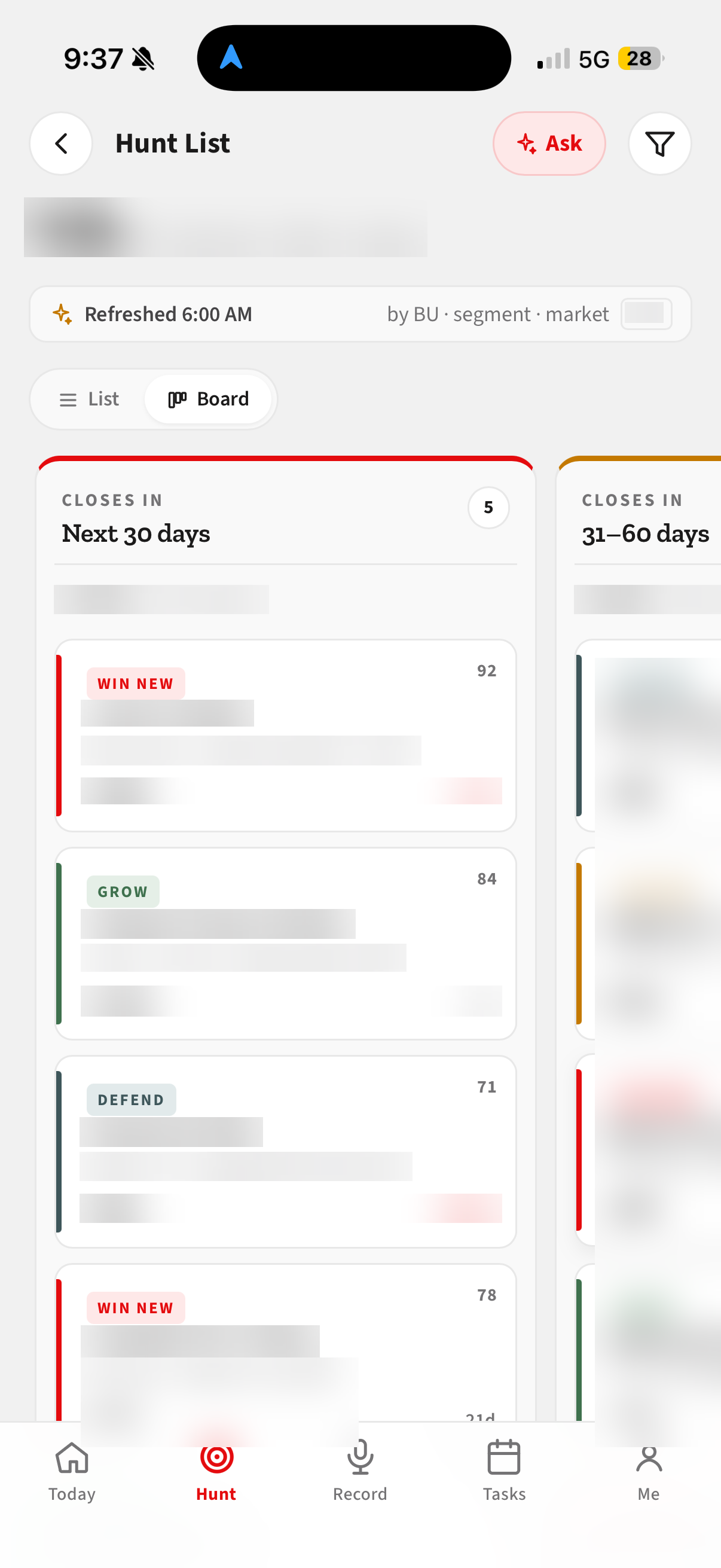 Hunt board screen showing opportunities grouped by close window.