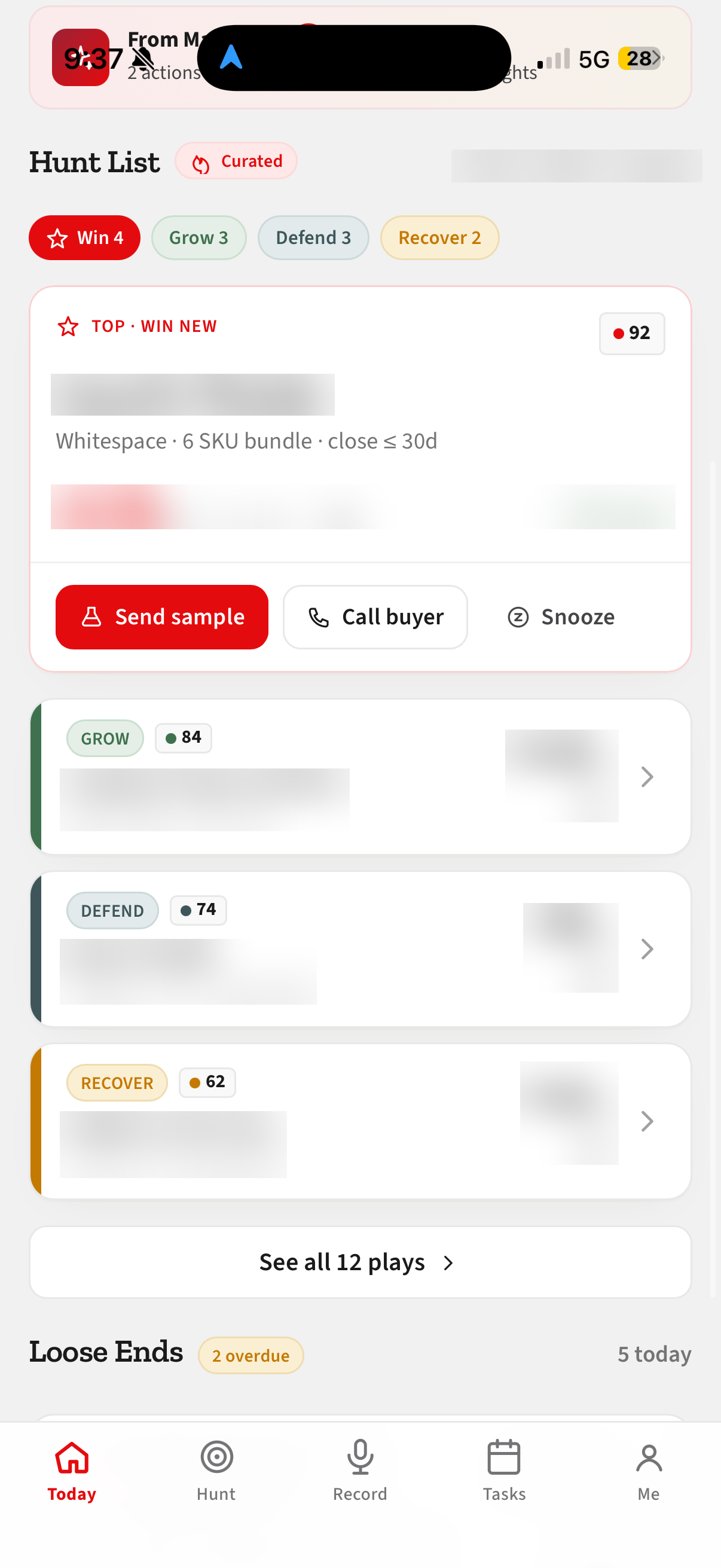Hunt list screen showing prioritized opportunity cards.