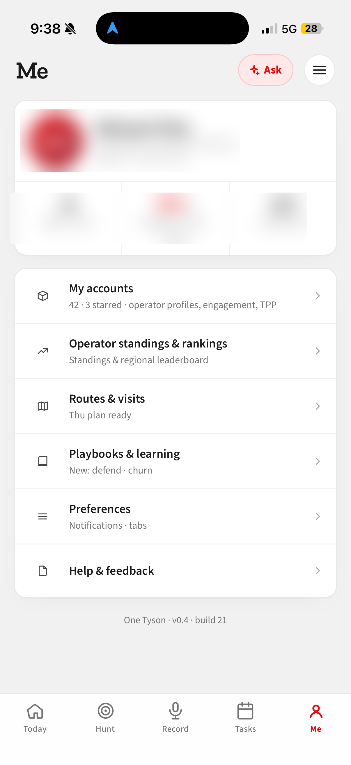 Profile screen showing account access and preferences.
