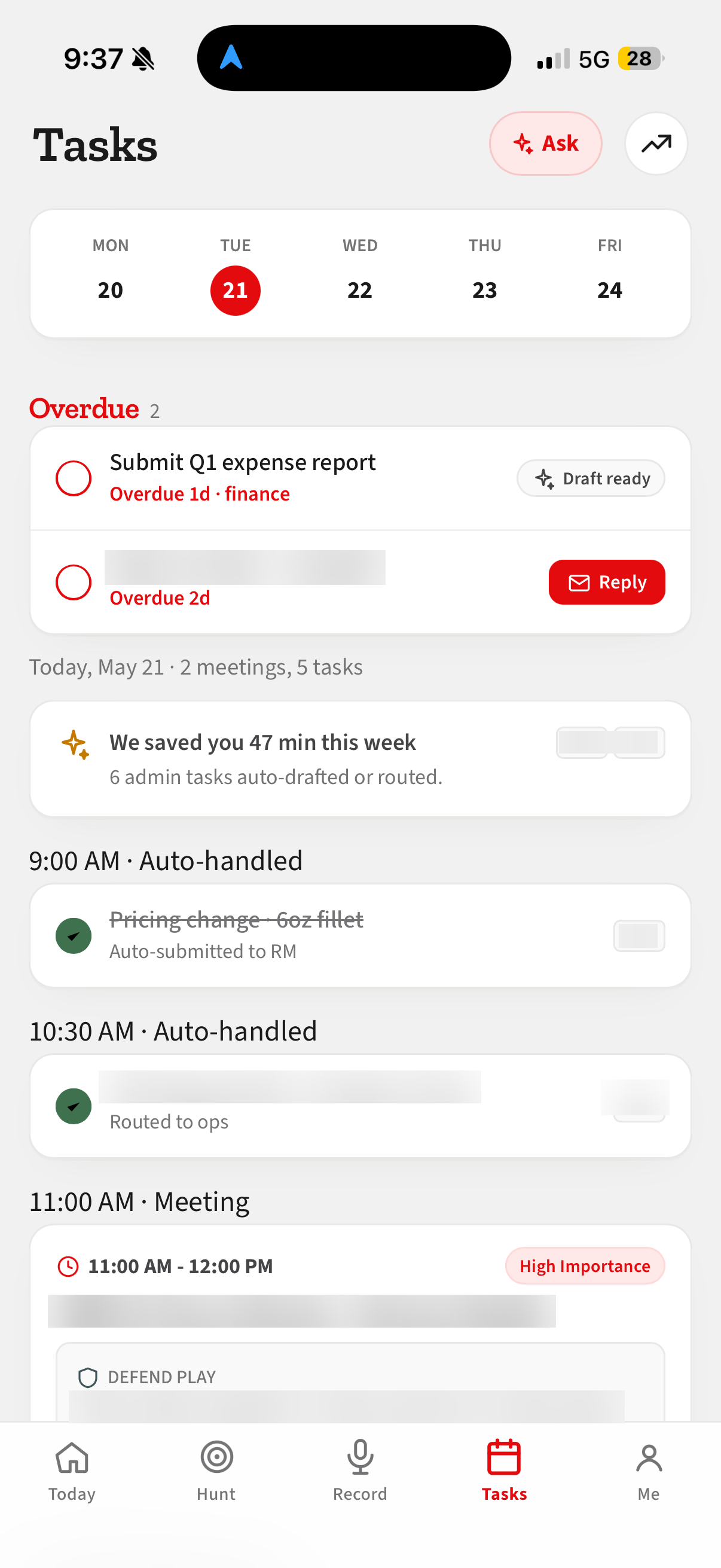 Tasks screen showing today's meetings, auto-handled admin, and overdue items.