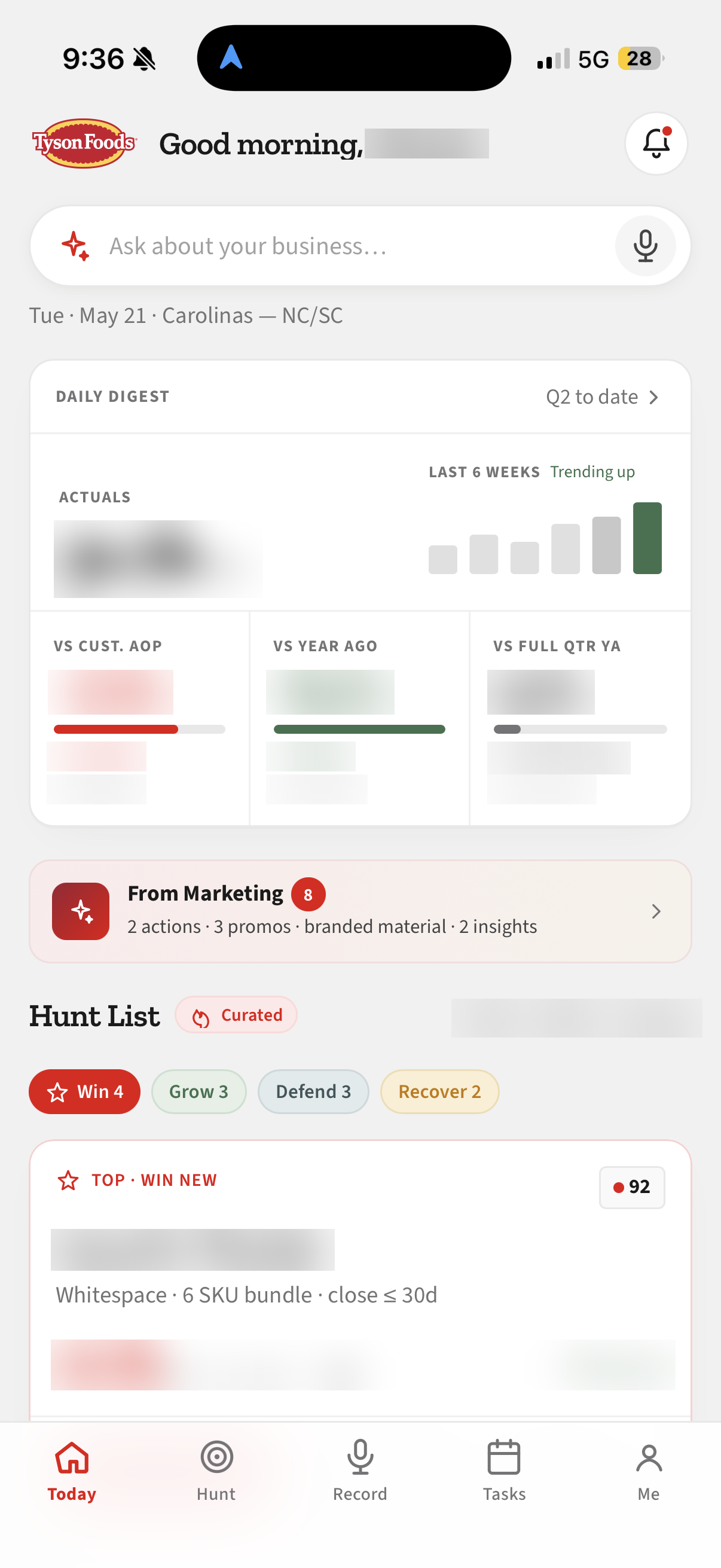 Today screen showing the daily digest and hunt list summary.