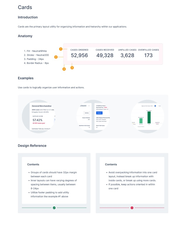 Design system documentation page for the Cards component, showing anatomy, usage examples, and design reference guidance.