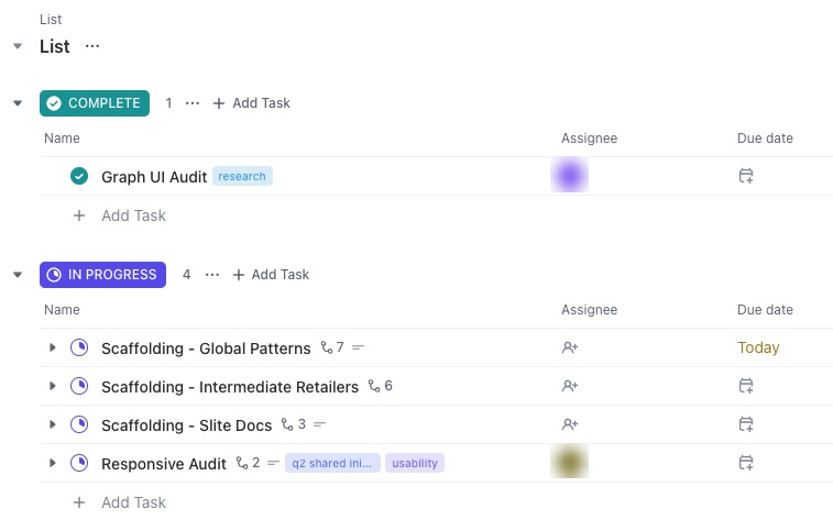 ClickUp project tracker showing the graph audit and scaffolding tasks in progress.